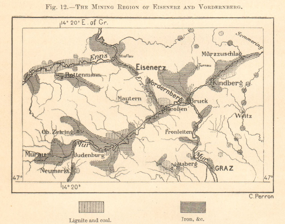 Eisenerz & Vordernberg lignite coal iron mining region. Austria. Sketch map 1885